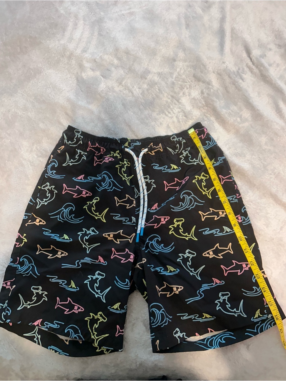 Men's Black Neon Shark Print Swim Trunks